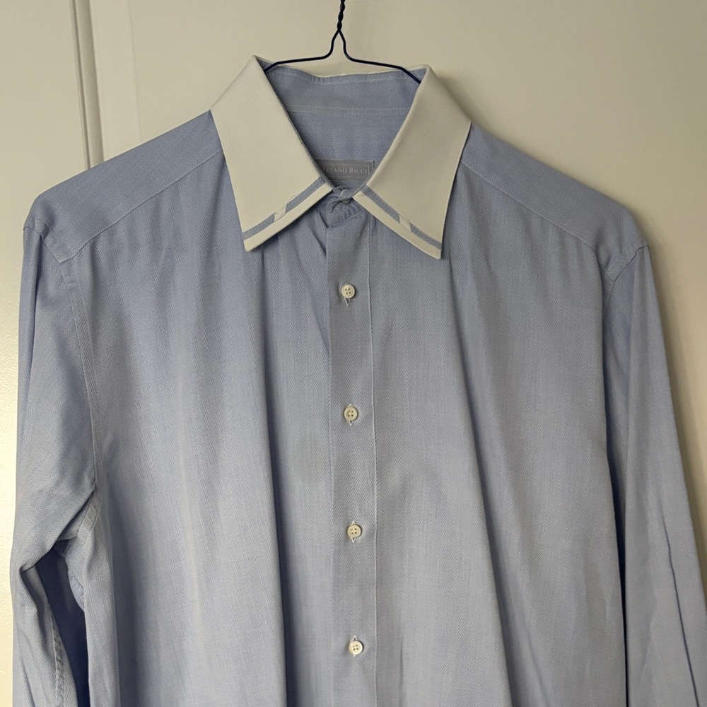 Stefano Ricci Men's Light Blue Dress Shirt with White Collar